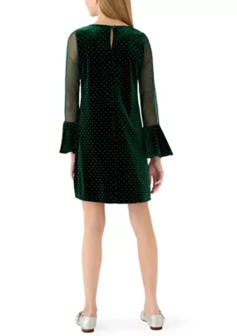 Girls 7-16 Green Sparkle Velvet Illusion Sleeve Dress