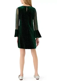 Girls 7-16 Green Sparkle Velvet Illusion Sleeve Dress