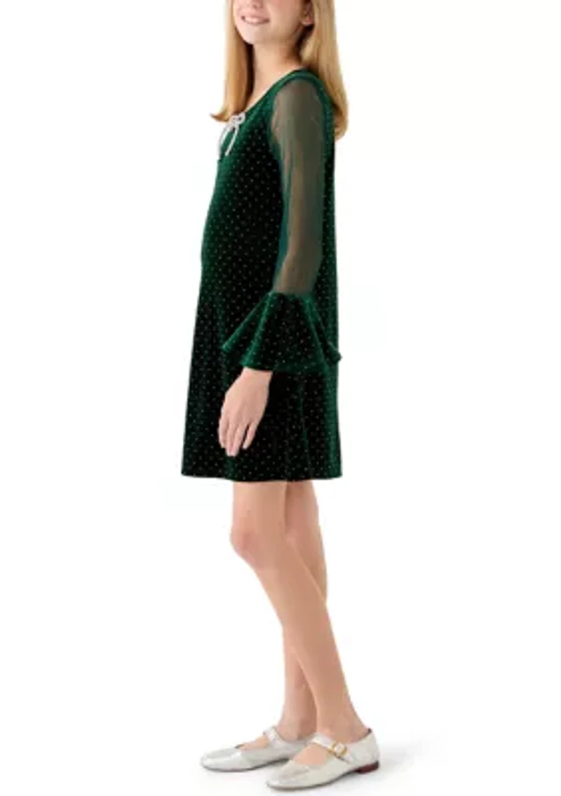 Girls 7-16 Green Sparkle Velvet Illusion Sleeve Dress