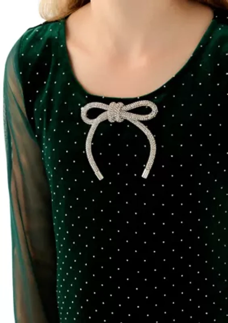 Girls 7-16 Green Sparkle Velvet Illusion Sleeve Dress