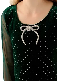 Girls 7-16 Green Sparkle Velvet Illusion Sleeve Dress