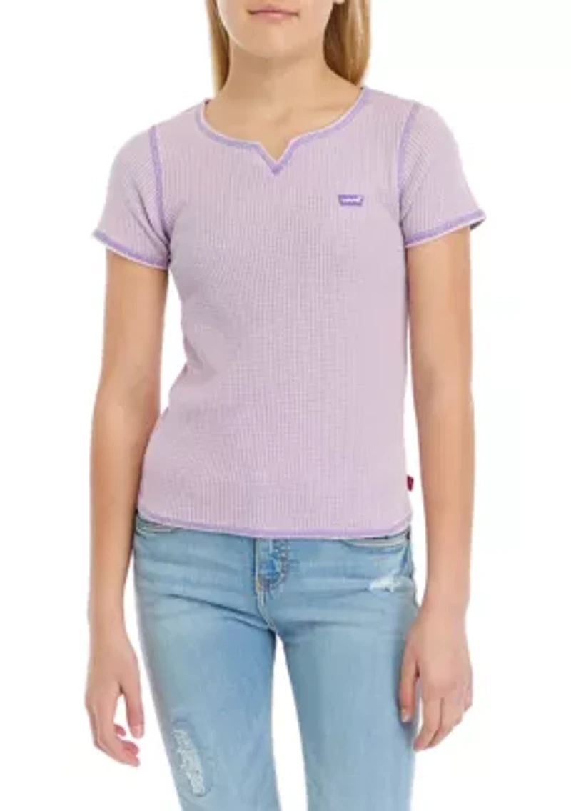 Girls 7-16 Waffle Split Neck Top