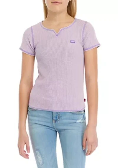 Girls 7-16 Waffle Split Neck Top