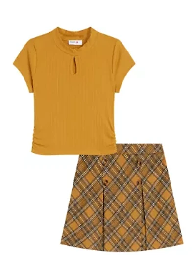 Girls 7-16 Keyhole Top and Plaid Skirt Set