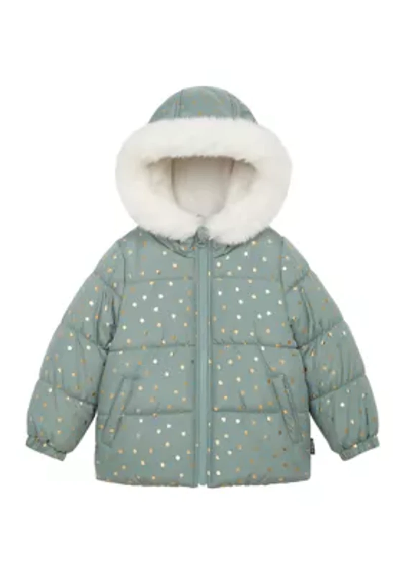 Girls 4-6 Foil Printed Puffer with Fur Coat