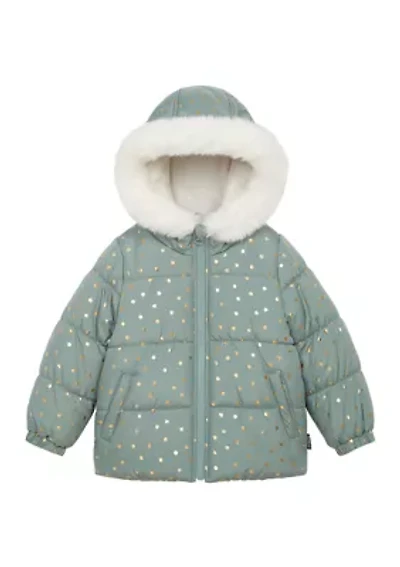 Girls 4-6 Foil Printed Puffer with Fur Coat