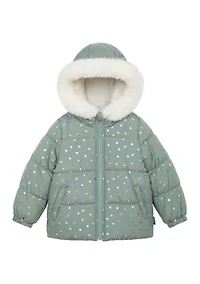Girls 4-6 Foil Printed Puffer with Fur Coat