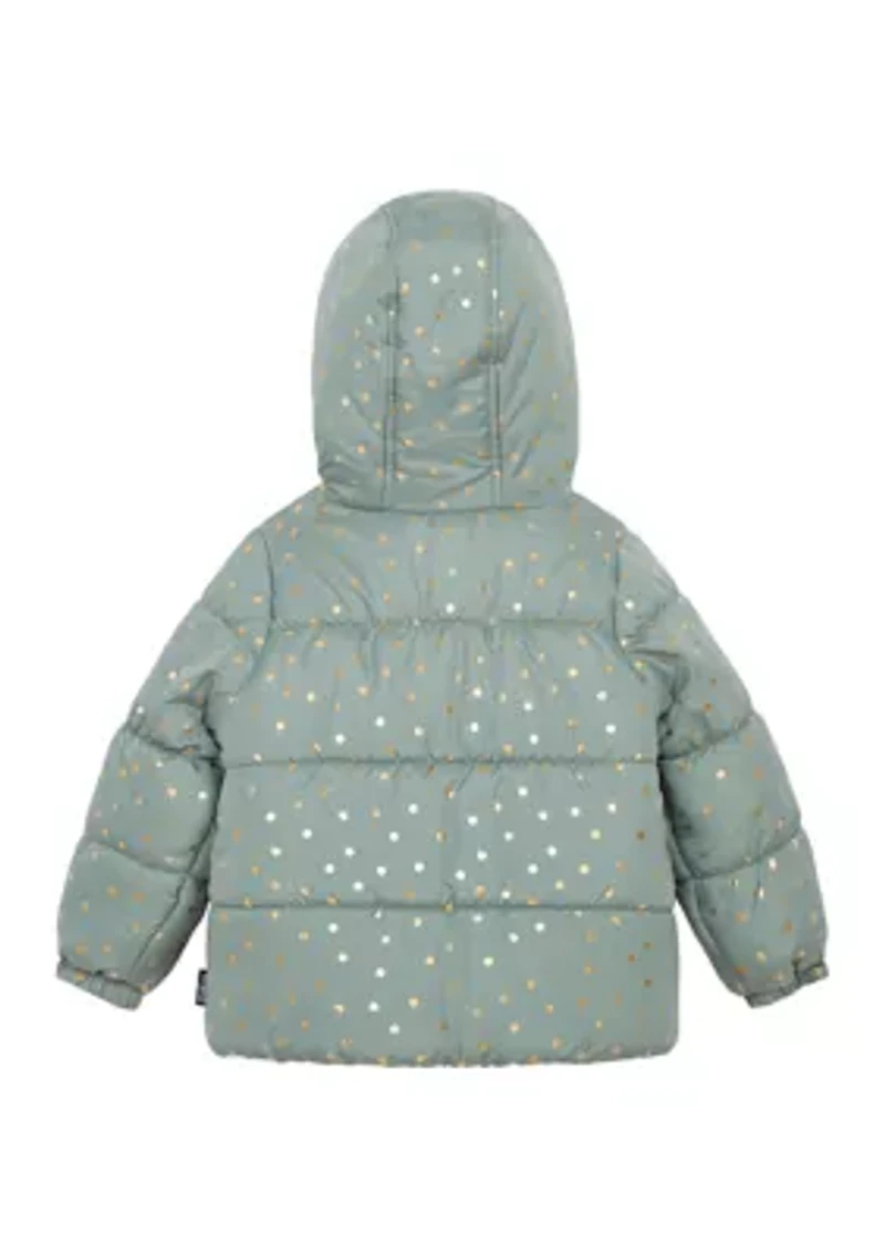 Girls 4-6 Foil Printed Puffer with Fur Coat
