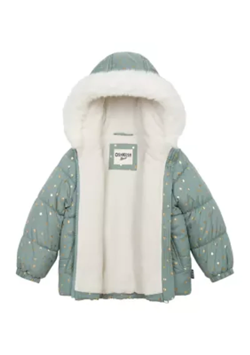 Girls 4-6 Foil Printed Puffer with Fur Coat