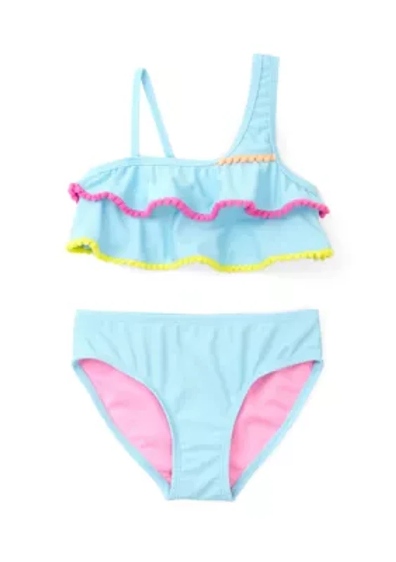 Girls 4-6x 2 Piece Ruffle Pom Swimsuit