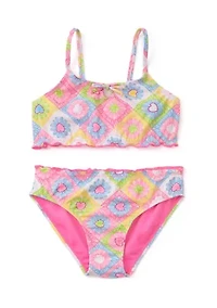 Girls 7-16 Crochet Quilted Lettuce Edge Two Piece Swimsuit