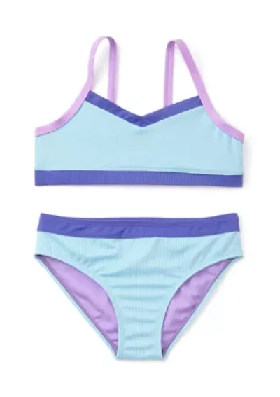 Girls 7-16 Color Blocked Ribbed Knit Two Piece Swimsuit