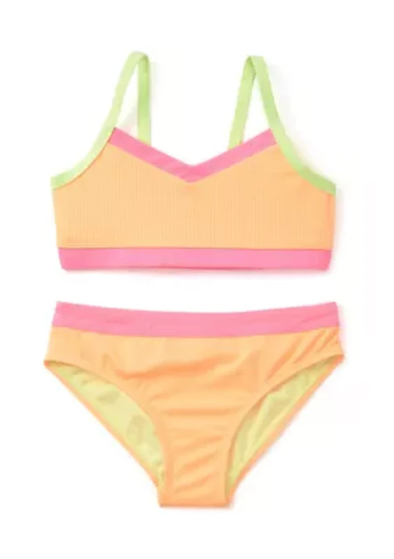 Girls 7-16 Color Blocked Ribbed Knit Two Piece Swimsuit