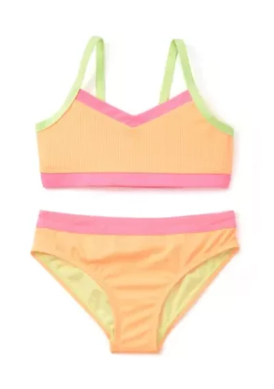 Girls 7-16 Color Blocked Ribbed Knit Two Piece Swimsuit