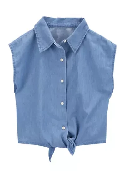 Girls 4-6x Sleeveless Chambray Tie Front Top