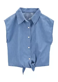 Girls 4-6x Sleeveless Chambray Tie Front Top