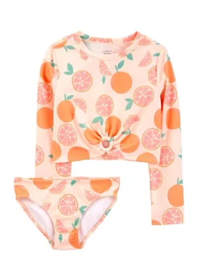 Girls 7-16 Orange Printed Rashguard Swim Set