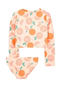 Girls 7-16 Orange Printed Rashguard Swim Set