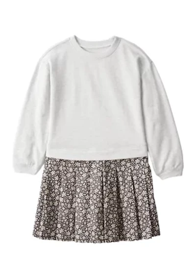 Girls 4-6x Long Sleeve Woven Dress with Printed Skirt