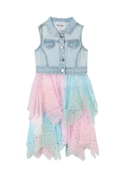 Girls 4-6x Sleeveless Denim Vest with Rainbow Dress