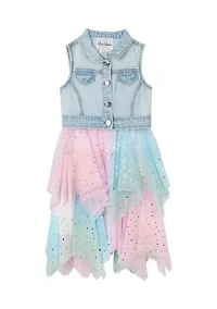Girls 4-6x Sleeveless Denim Vest with Rainbow Dress