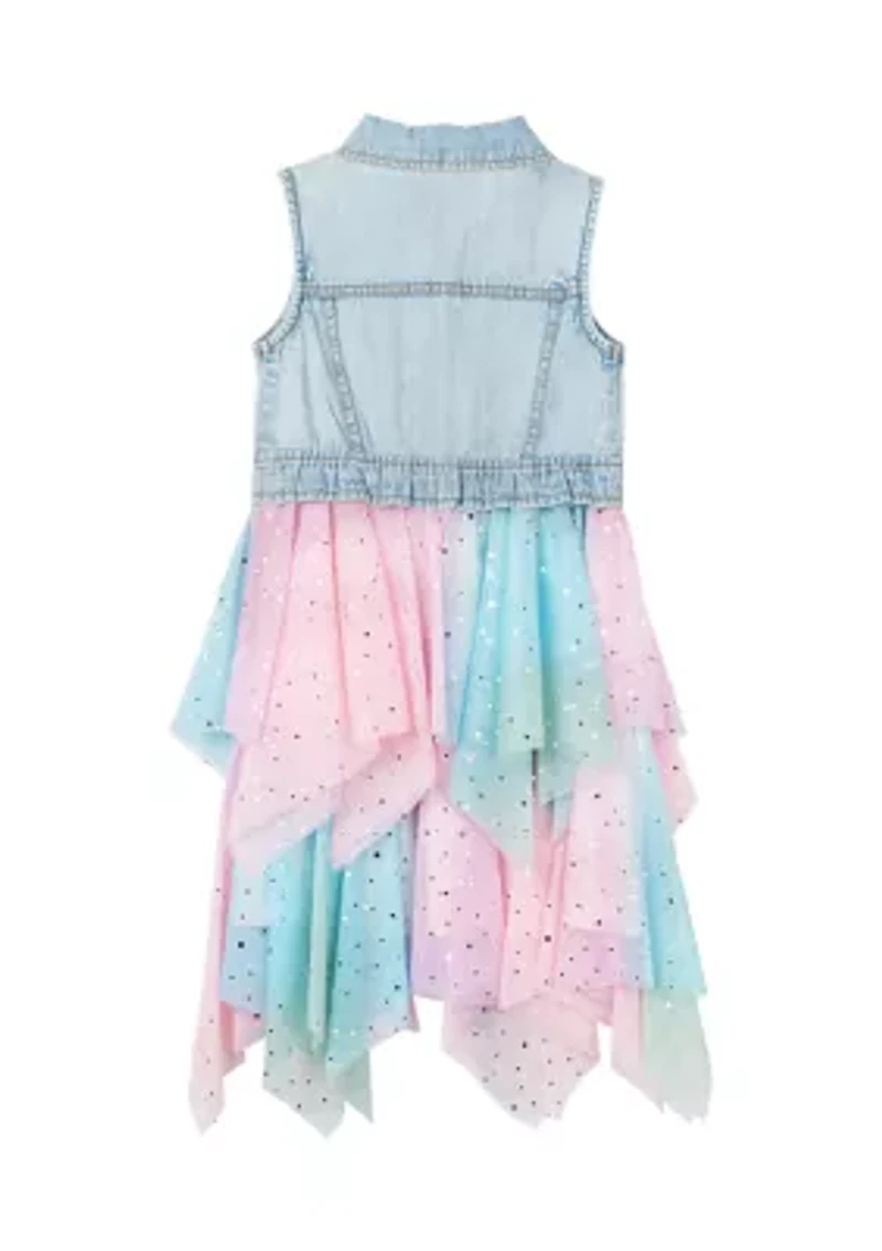 Girls 4-6x Sleeveless Denim Vest with Rainbow Dress