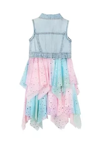 Girls 4-6x Sleeveless Denim Vest with Rainbow Dress