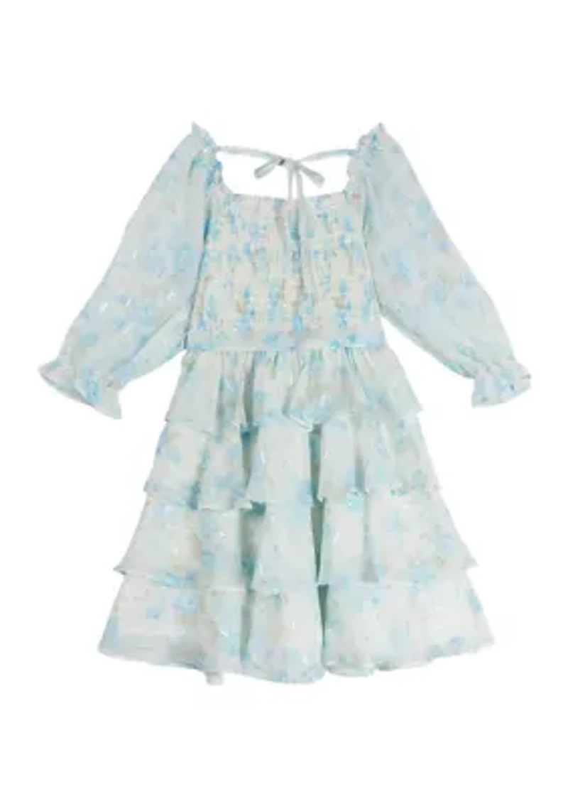 Girls 4-6x Floral Printed Sequin Chiffon Smocked Dress