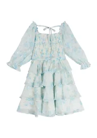 Girls 4-6x Floral Printed Sequin Chiffon Smocked Dress