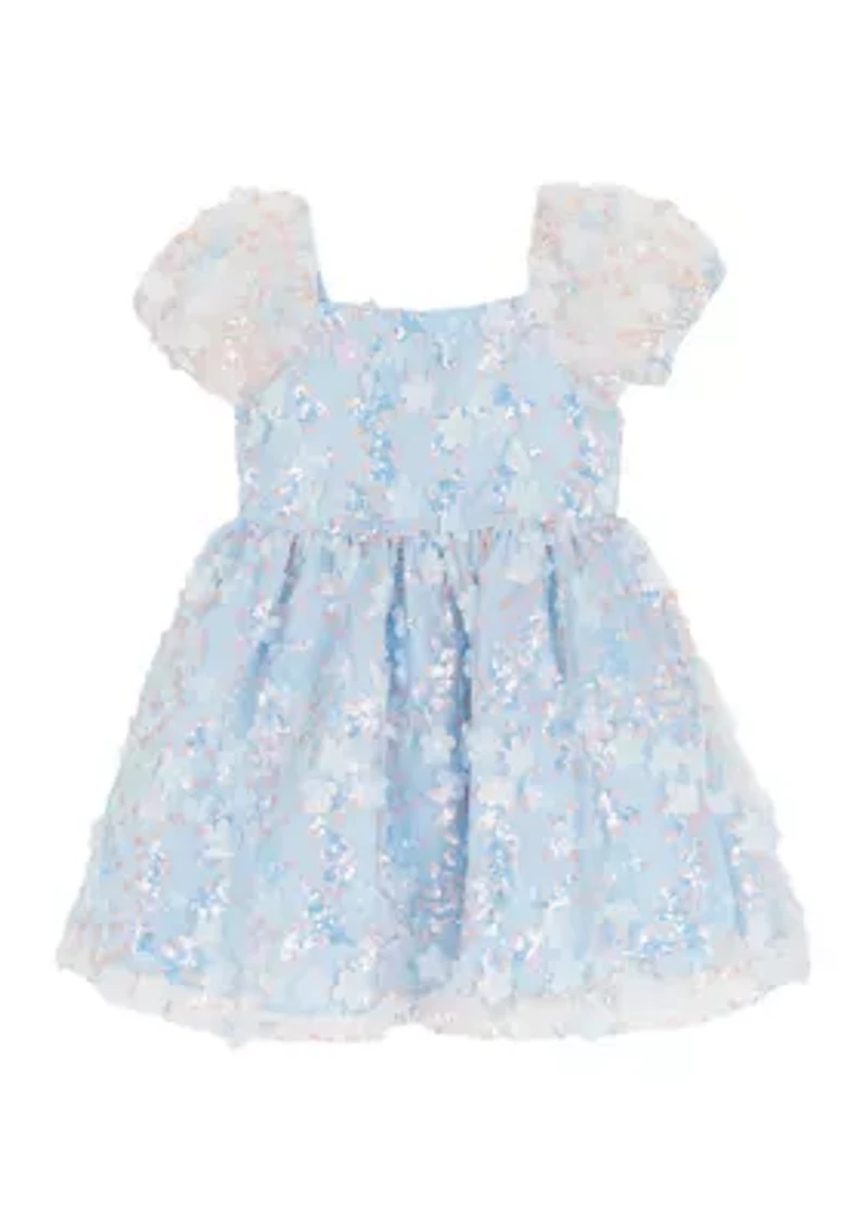 Girls 4-6 Blue Floral Sequin Mesh Dress