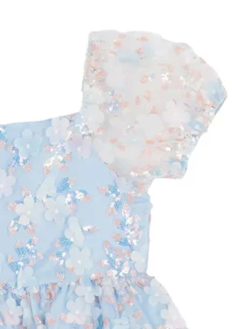 Girls 4-6 Blue Floral Sequin Mesh Dress