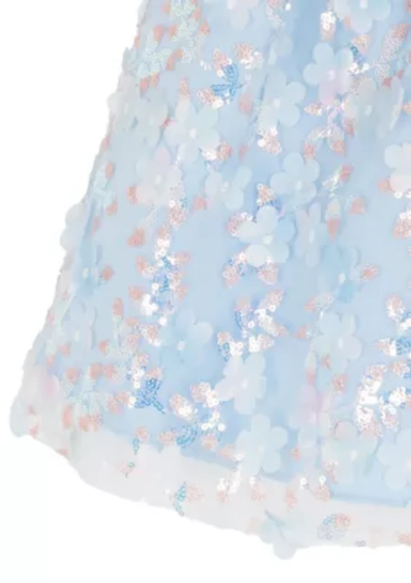 Girls 4-6 Blue Floral Sequin Mesh Dress