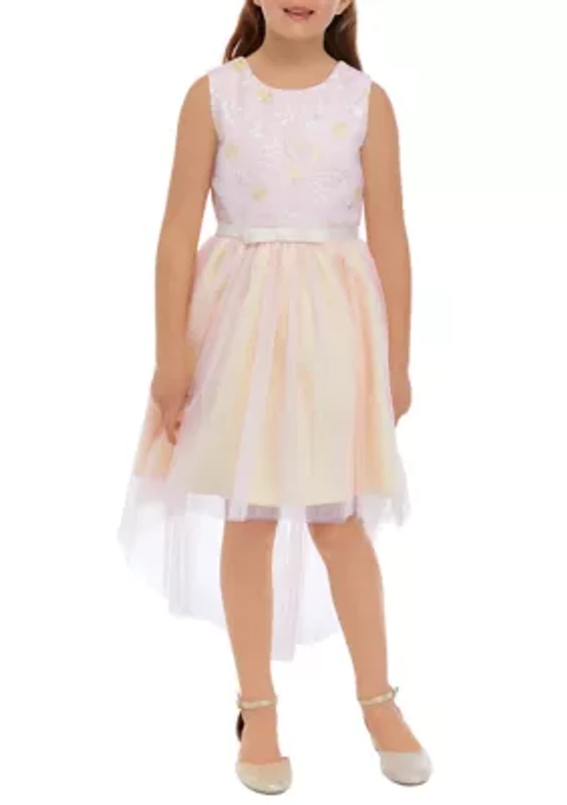 Girls 7-16 Lurex Embroidered Mesh Dress with Two Tone Hi Low Skirt
