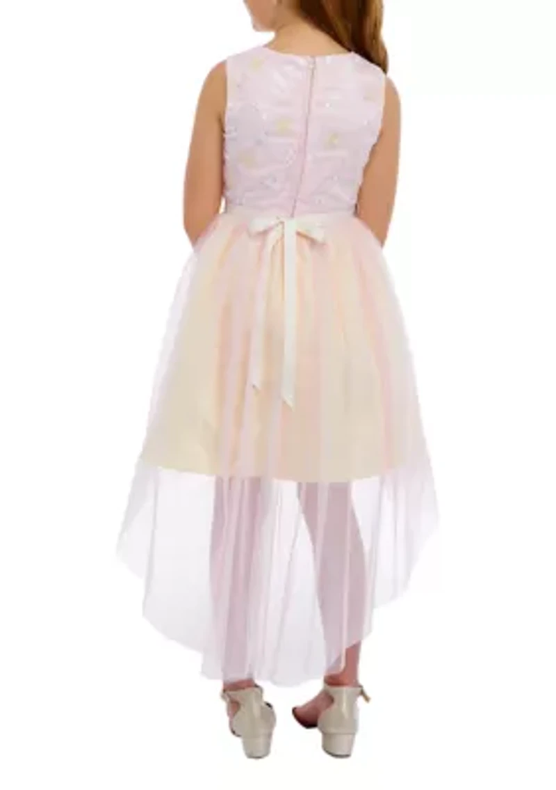 Girls 7-16 Lurex Embroidered Mesh Dress with Two Tone Hi Low Skirt