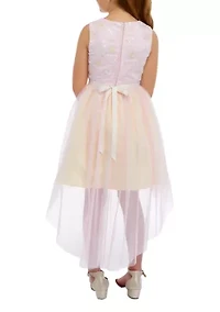 Girls 7-16 Lurex Embroidered Mesh Dress with Two Tone Hi Low Skirt
