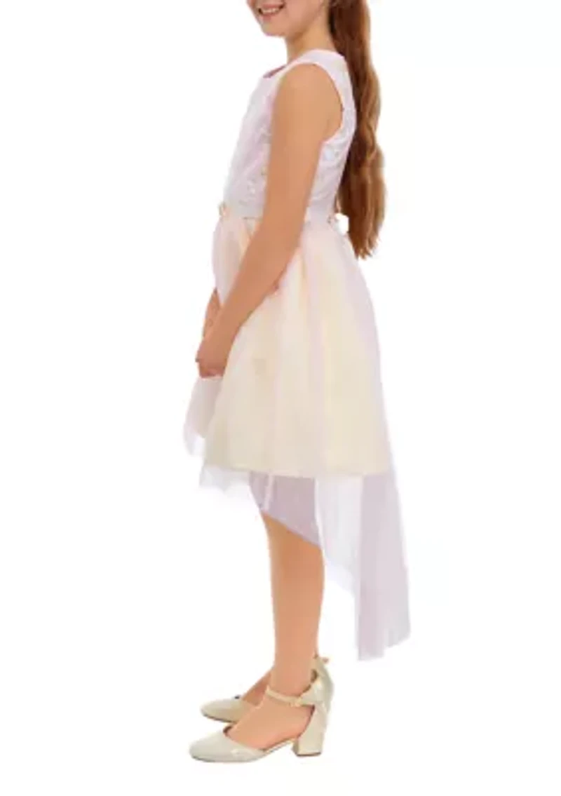 Girls 7-16 Lurex Embroidered Mesh Dress with Two Tone Hi Low Skirt