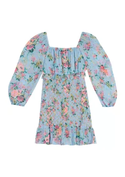 Girls 7-16 Floral Lurex Clip Dot Chiffon Smocked Dress with Ruffle Hem