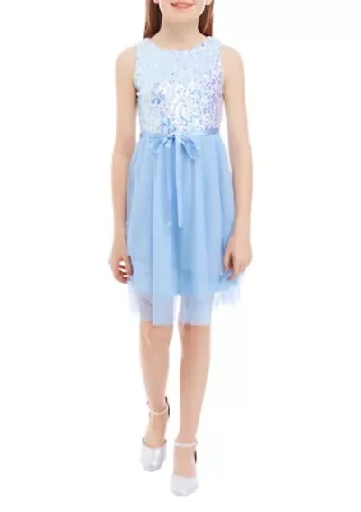 Girls 7-16 Embellished Bodice to Hi Low Mesh Skirt Dress