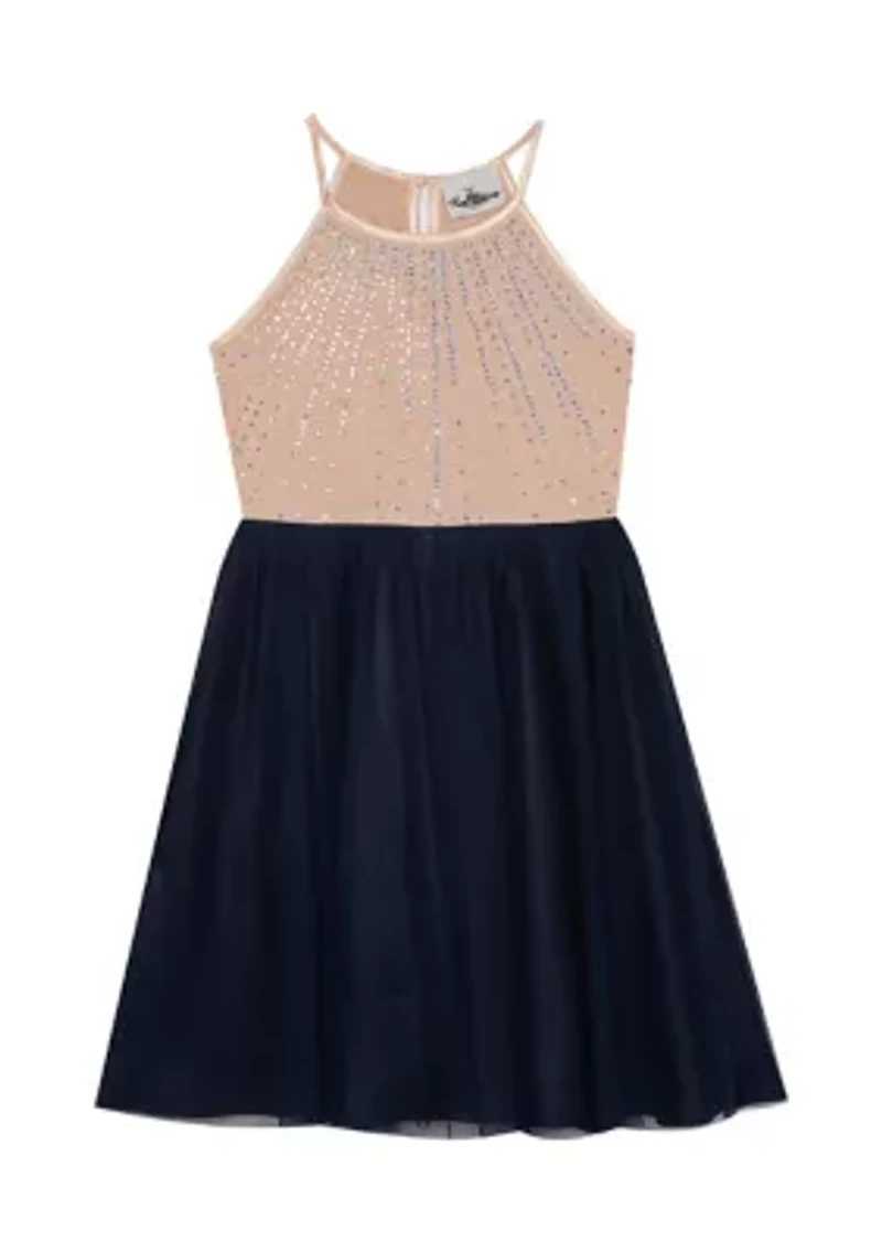 Girls 7-16 Embellished Bodice to Mesh Wire Hem Dress