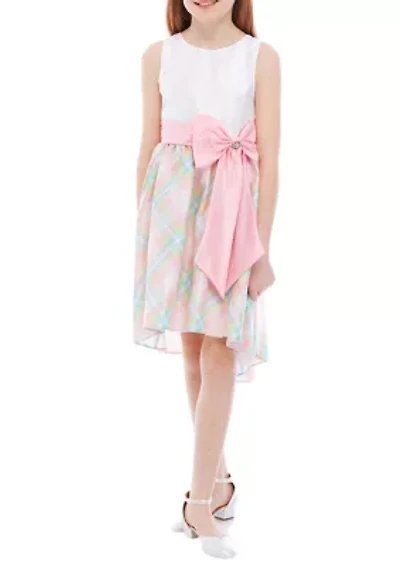 Girls 7-16  Shantung Bodice To Printed Plaid Dress with Satin Waistband and Bow Detail