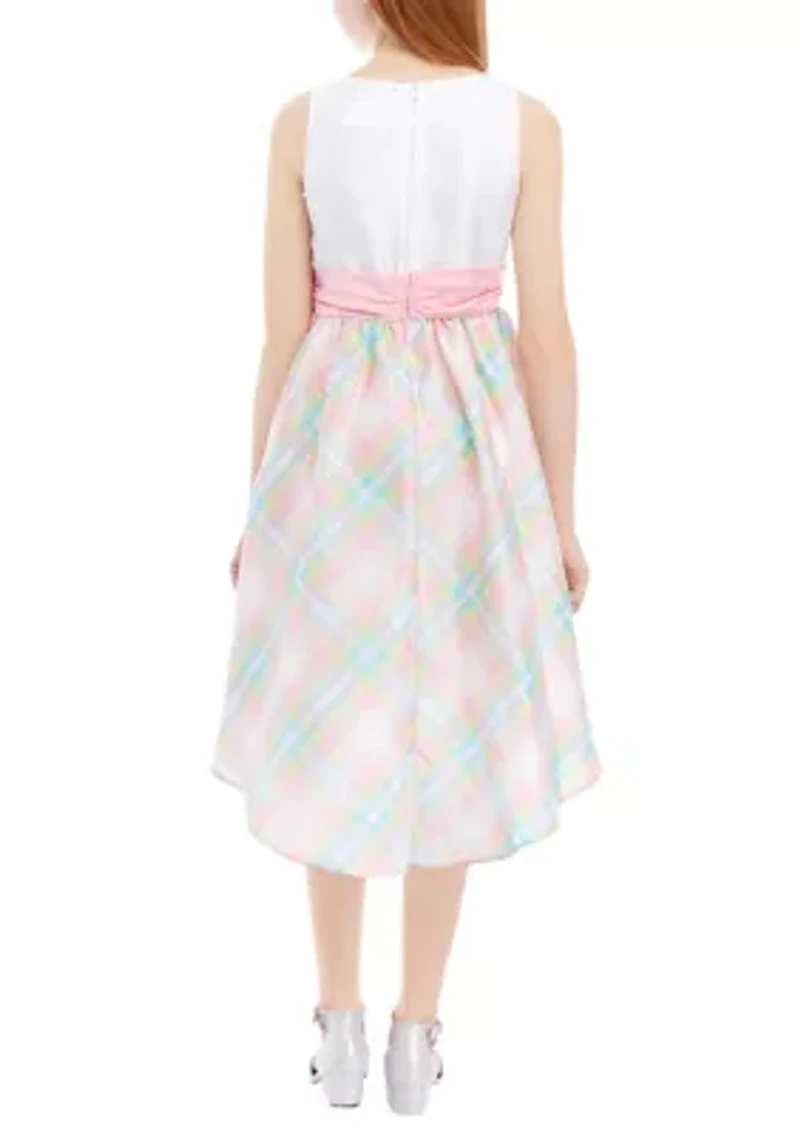 Girls 7-16  Shantung Bodice To Printed Plaid Dress with Satin Waistband and Bow Detail