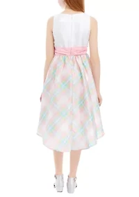Girls 7-16  Shantung Bodice To Printed Plaid Dress with Satin Waistband and Bow Detail
