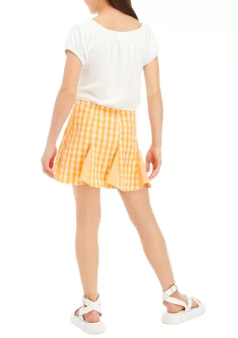 Girls 7-16 Puff Sleeve Top and Gingham Skort Set