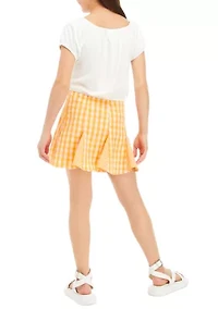 Girls 7-16 Puff Sleeve Top and Gingham Skort Set