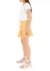 Girls 7-16 Puff Sleeve Top and Gingham Skort Set
