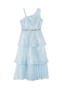 Girls 7-16 Sequin Mesh Asymmetrical Bodice to Tiered Maxi Skirt Dress