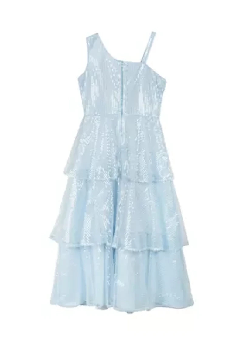 Girls 7-16 Sequin Mesh Asymmetrical Bodice to Tiered Maxi Skirt Dress