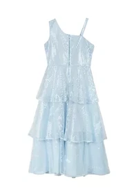 Girls 7-16 Sequin Mesh Asymmetrical Bodice to Tiered Maxi Skirt Dress