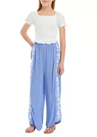 Girls 7-16 Smocked Top and Embroidered Gauze Pants