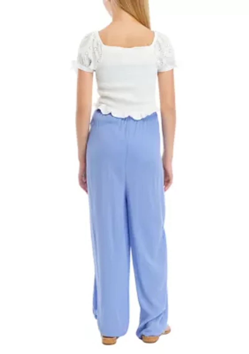 Girls 7-16 Smocked Top and Embroidered Gauze Pants